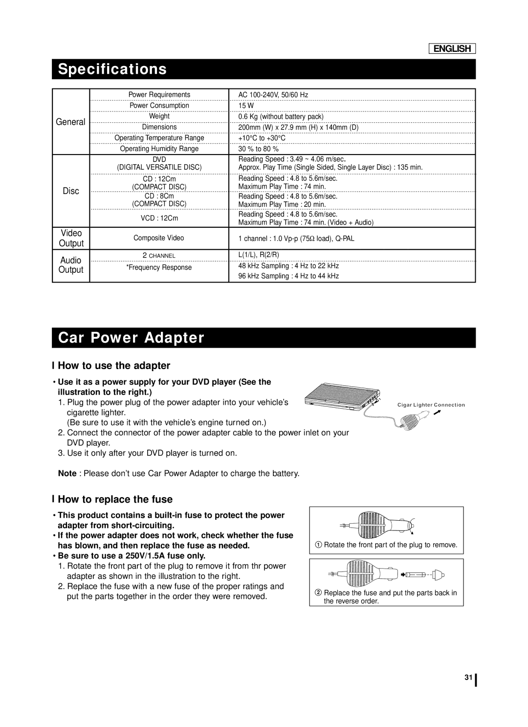 Samsung DVD-L75A, DVD-L70A manual Specifications, Car Power Adapter, How to use the adapter, How to replace the fuse 