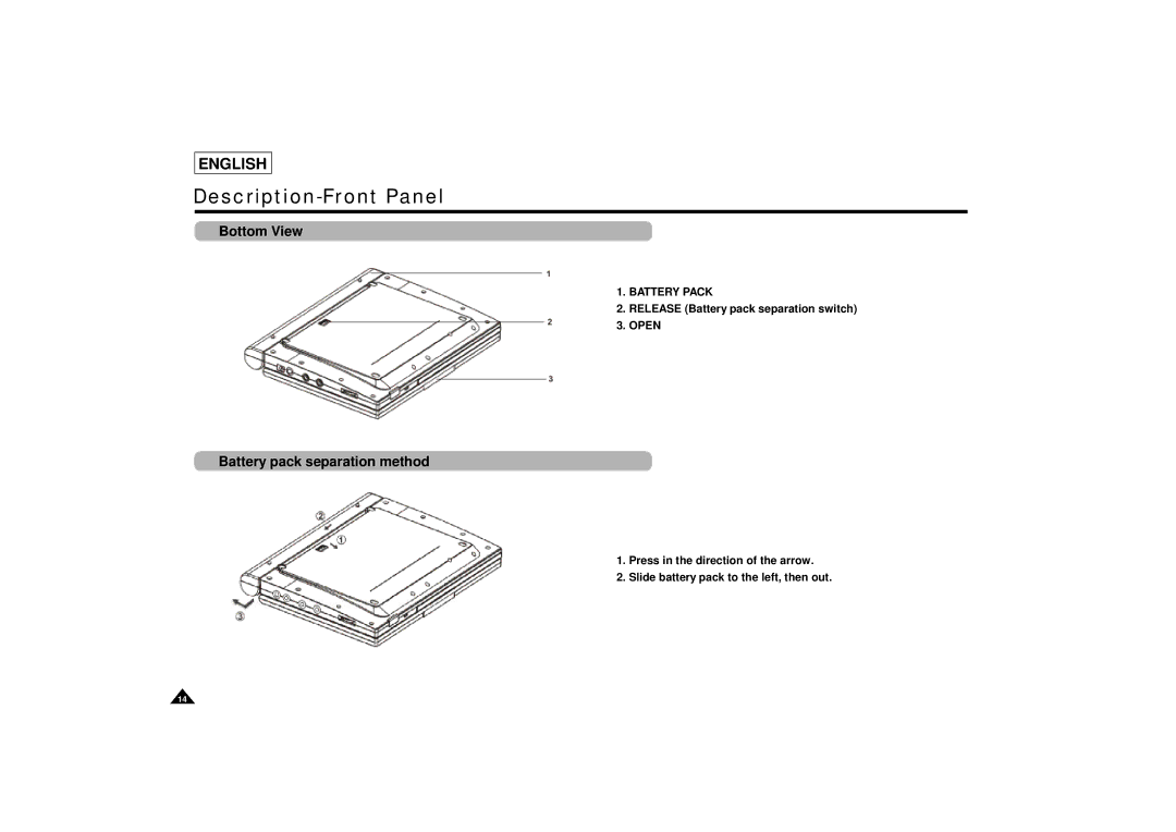 Samsung DVD-L75/L70 manual Release Battery pack separation switch 