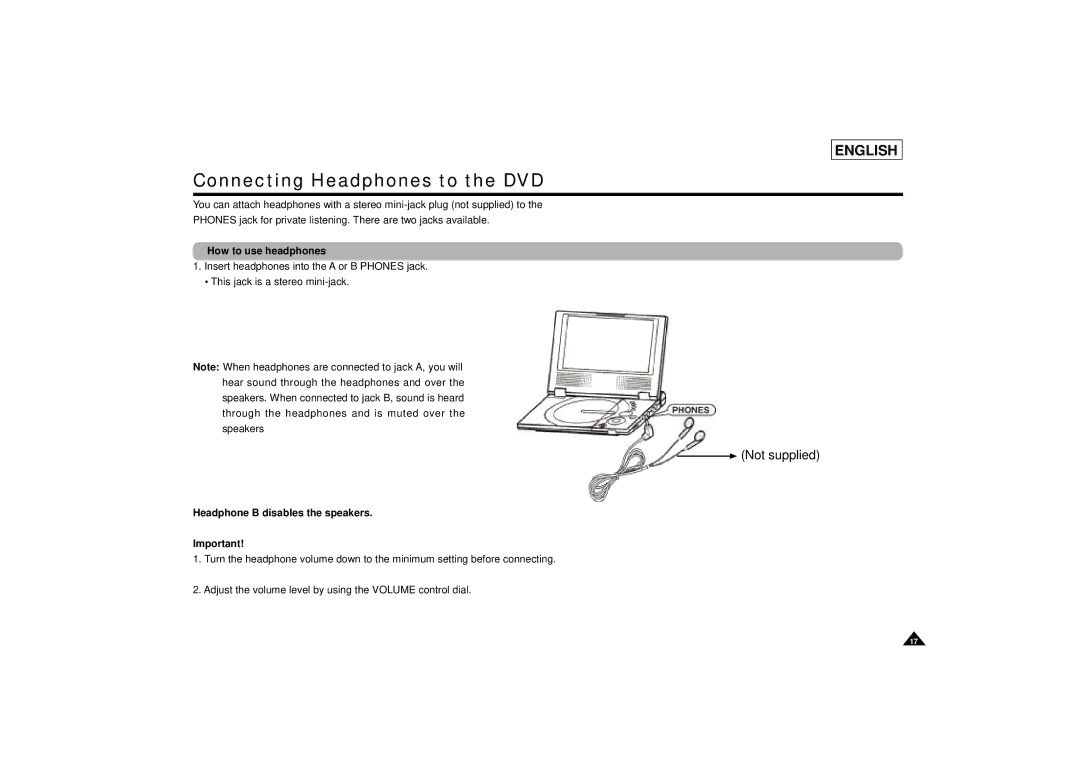 Samsung DVD-L75/L70 manual Connecting Headphones to the DVD, How to use headphones, Headphone B disables the speakers 