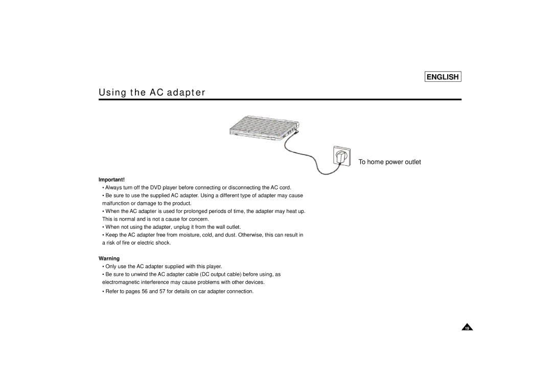 Samsung DVD-L75/L70 manual Using the AC adapter, To home power outlet 