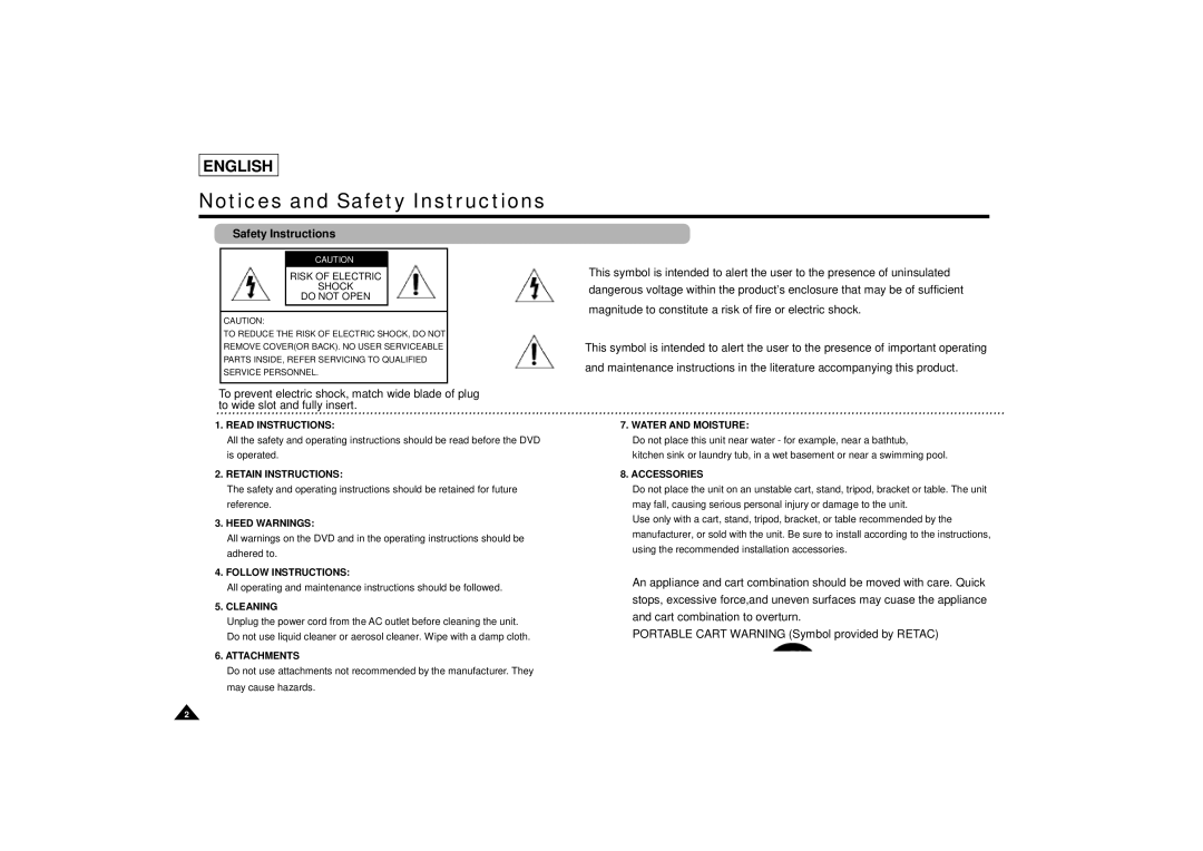 Samsung DVD-L75/L70 manual Safety Instructions, Shock Do not Open 