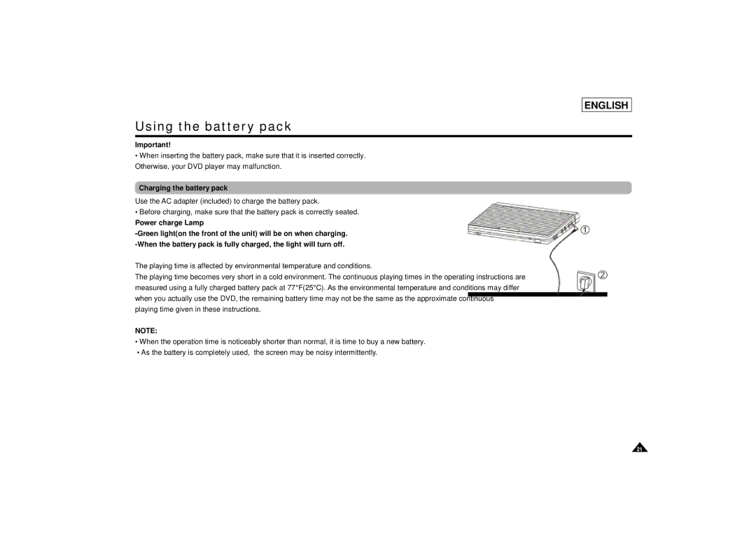 Samsung DVD-L75/L70 manual Using the battery pack, Charging the battery pack, Power charge Lamp 