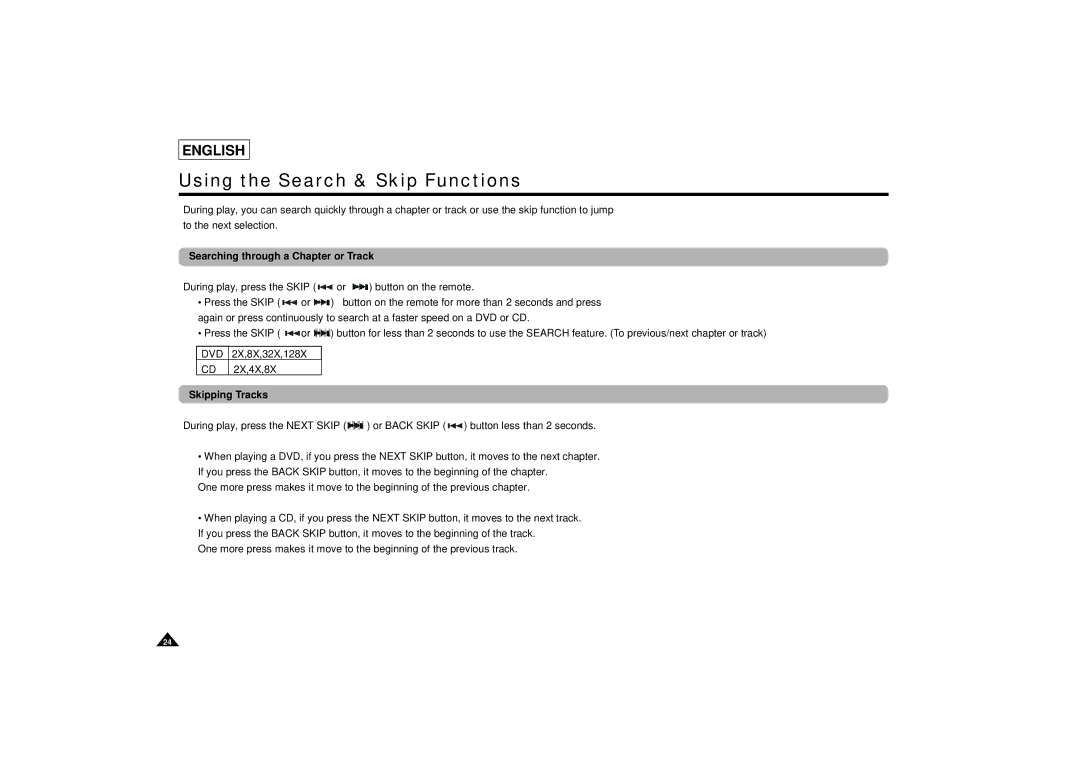 Samsung DVD-L75/L70 manual Using the Search & Skip Functions, Searching through a Chapter or Track, Skipping Tracks 