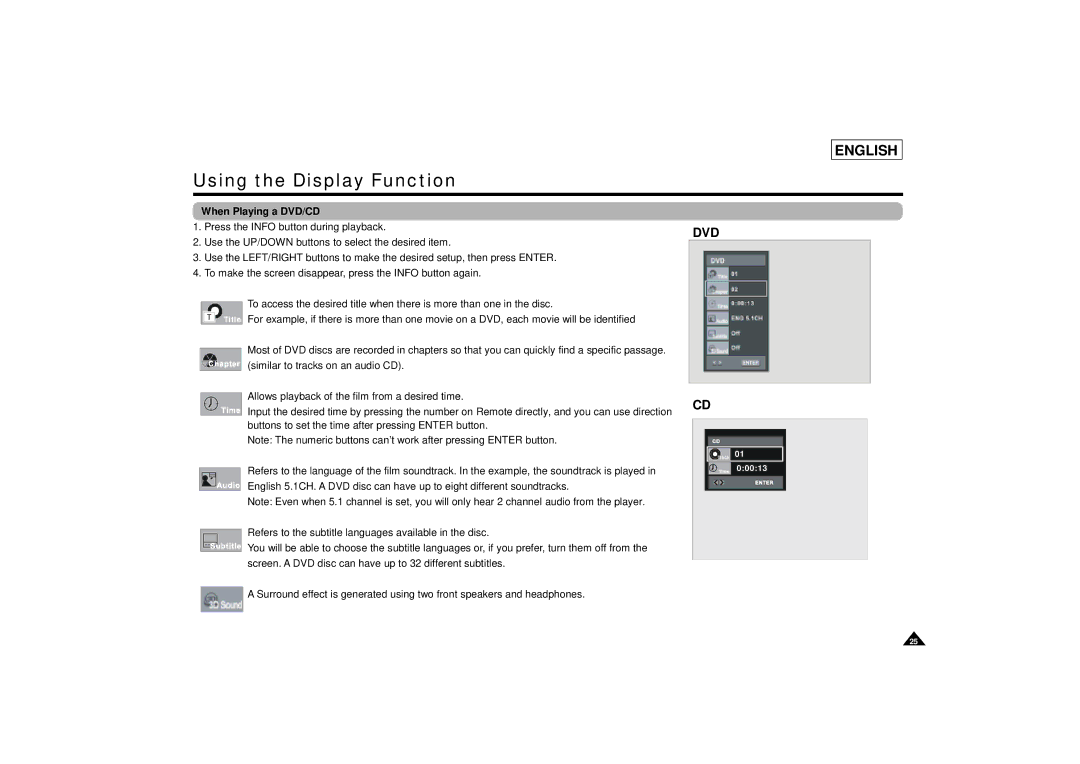 Samsung DVD-L75/L70 manual Using the Display Function, When Playing a DVD/CD 