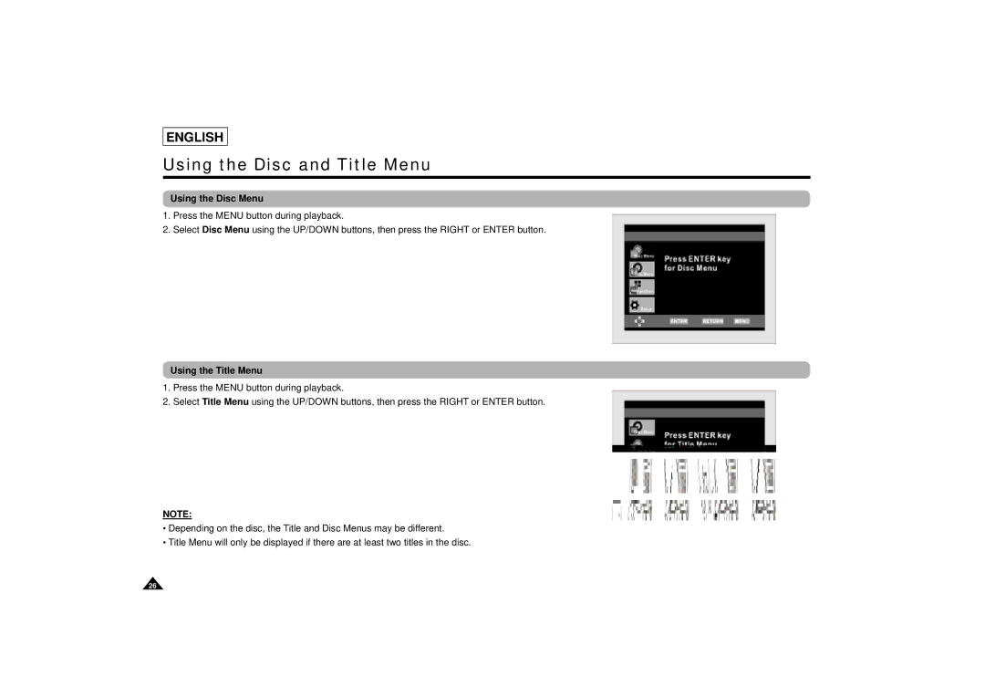 Samsung DVD-L75/L70 manual Using the Disc and Title Menu, Using the Disc Menu, Using the Title Menu 