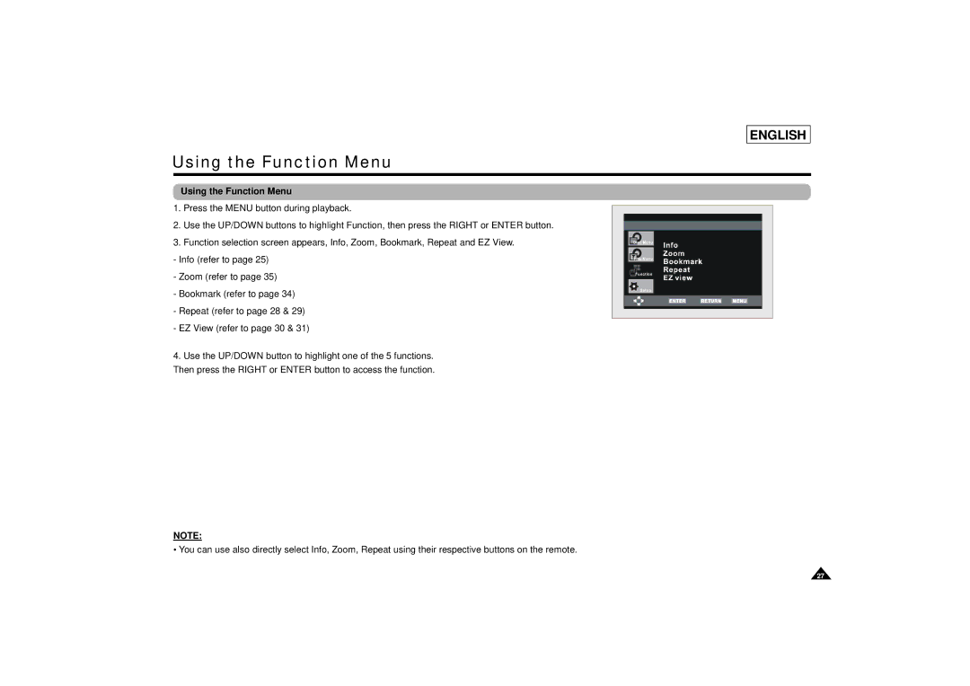 Samsung DVD-L75/L70 manual Using the Function Menu 