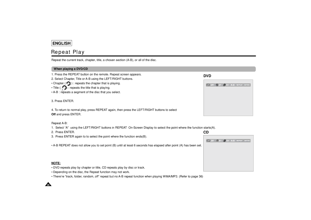 Samsung DVD-L75/L70 manual Repeat Play, When playing a DVD/CD 