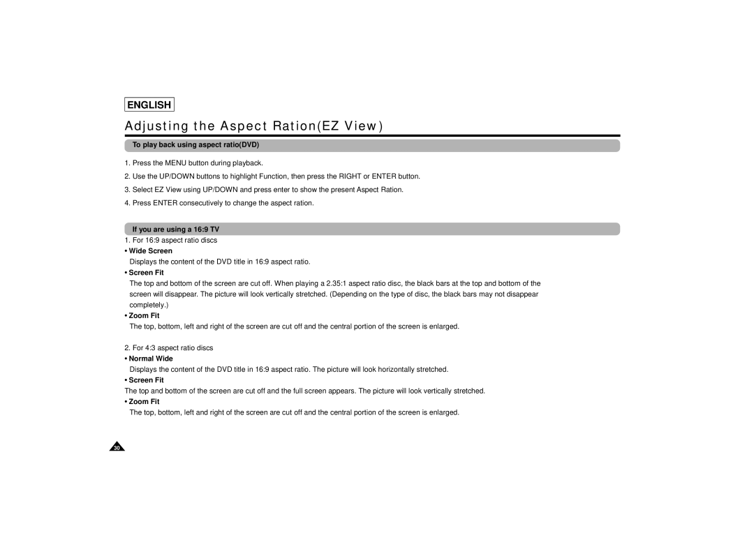 Samsung DVD-L75/L70 manual Adjusting the Aspect RationEZ View 