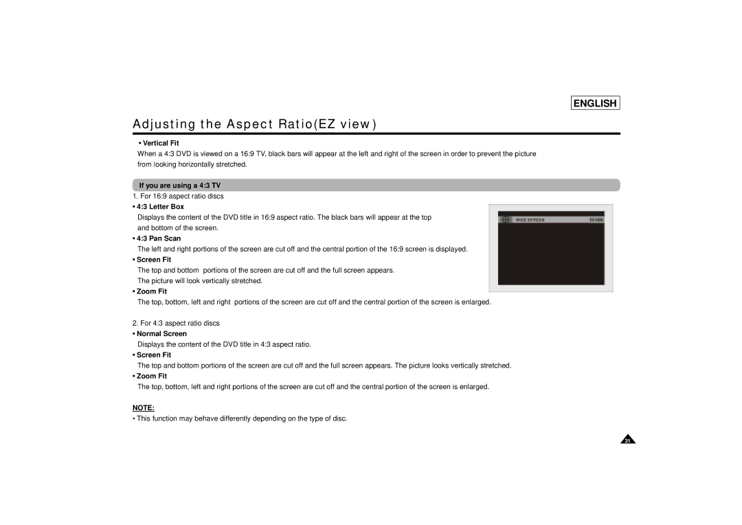 Samsung DVD-L75/L70 manual Adjusting the Aspect RatioEZ view 