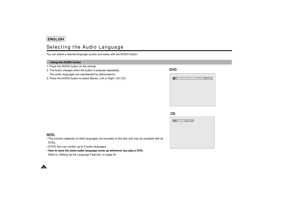 Samsung DVD-L75/L70 manual Selecting the Audio Language, Using the Audio button 