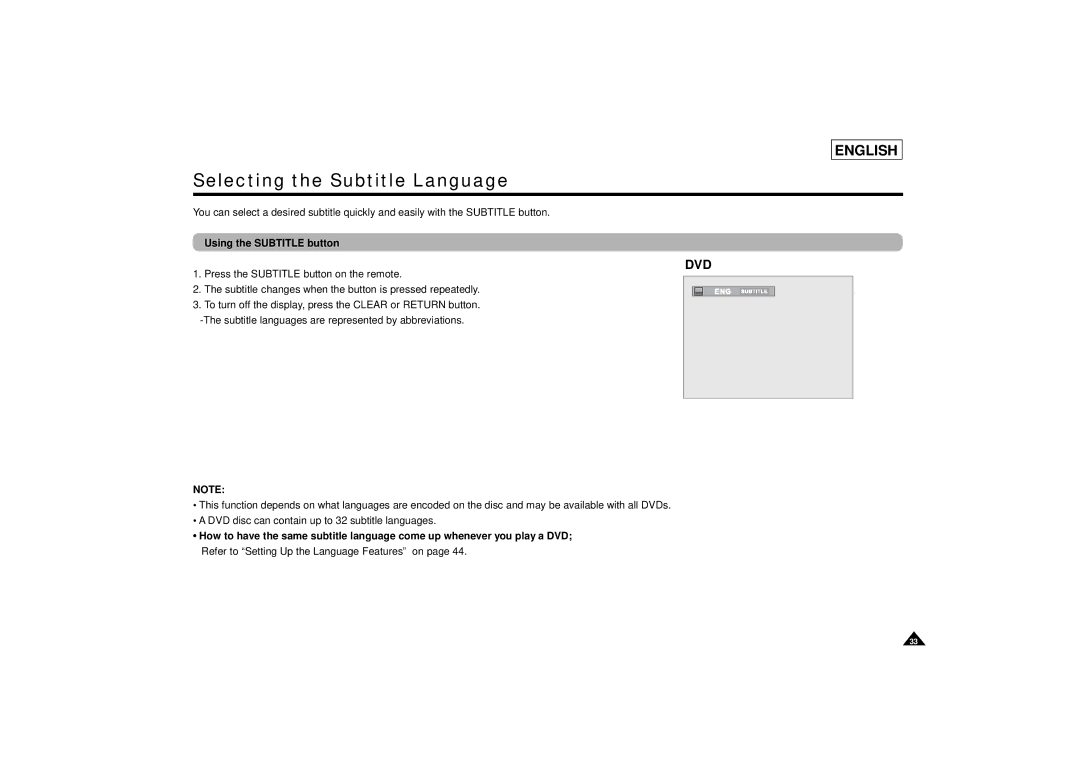 Samsung DVD-L75/L70 manual Selecting the Subtitle Language, Using the Subtitle button 