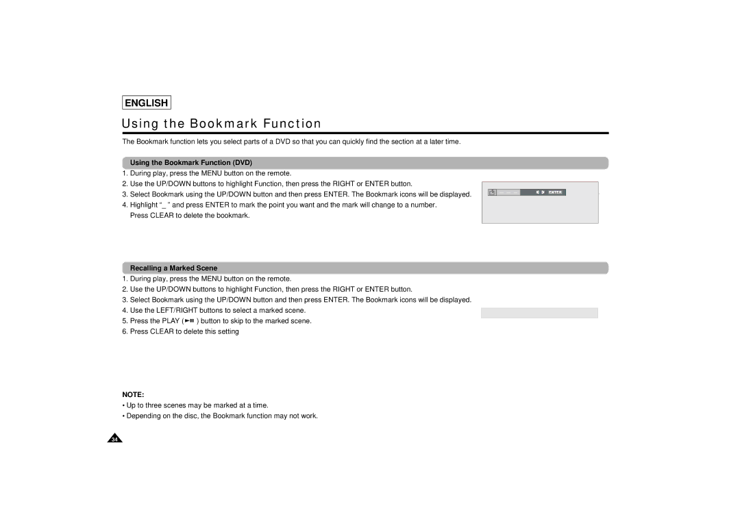 Samsung DVD-L75/L70 manual Using the Bookmark Function DVD, Recalling a Marked Scene 