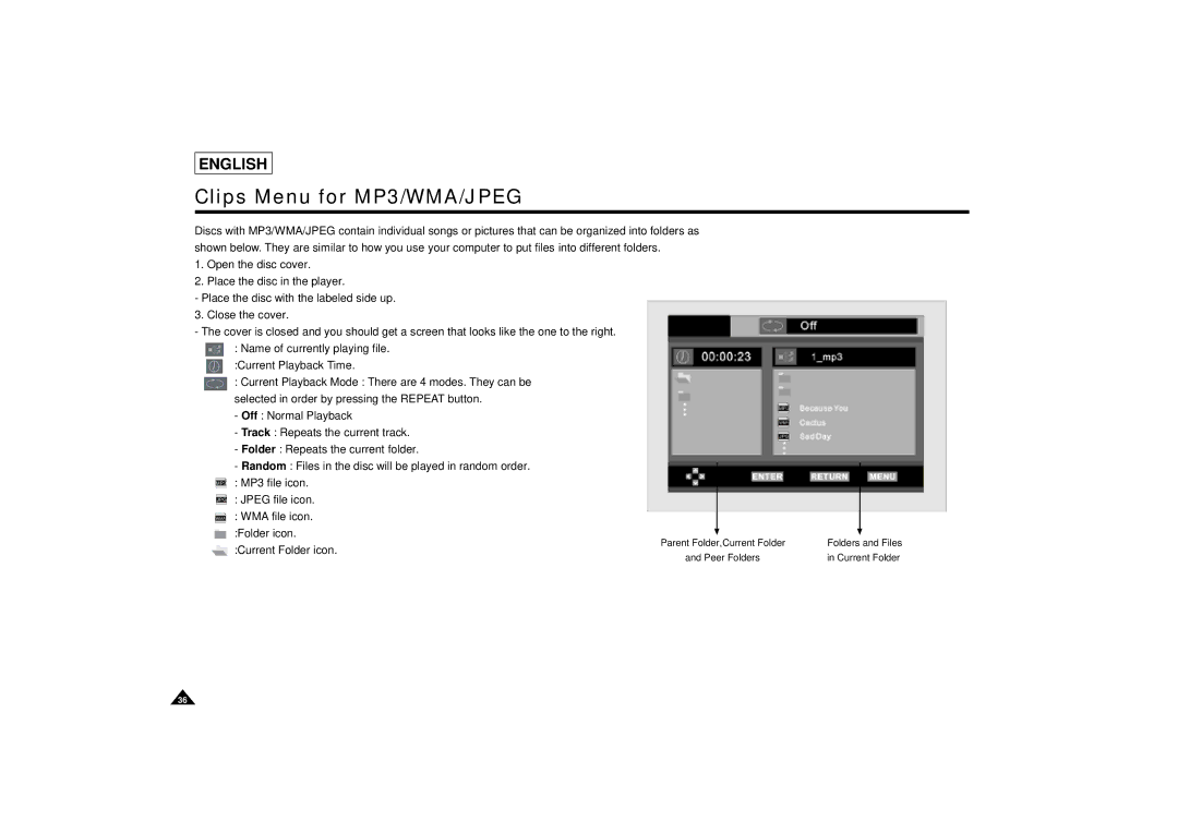 Samsung DVD-L75/L70 manual Clips Menu for MP3/WMA/JPEG 