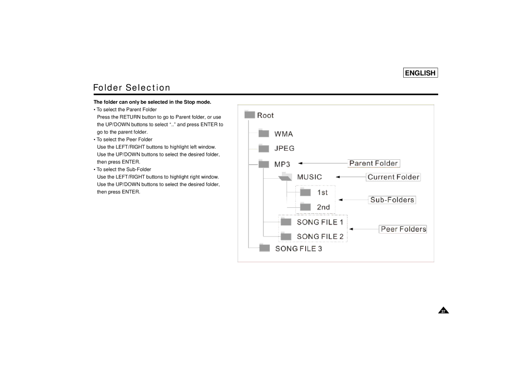 Samsung DVD-L75/L70 manual Folder Selection, Folder can only be selected in the Stop mode 