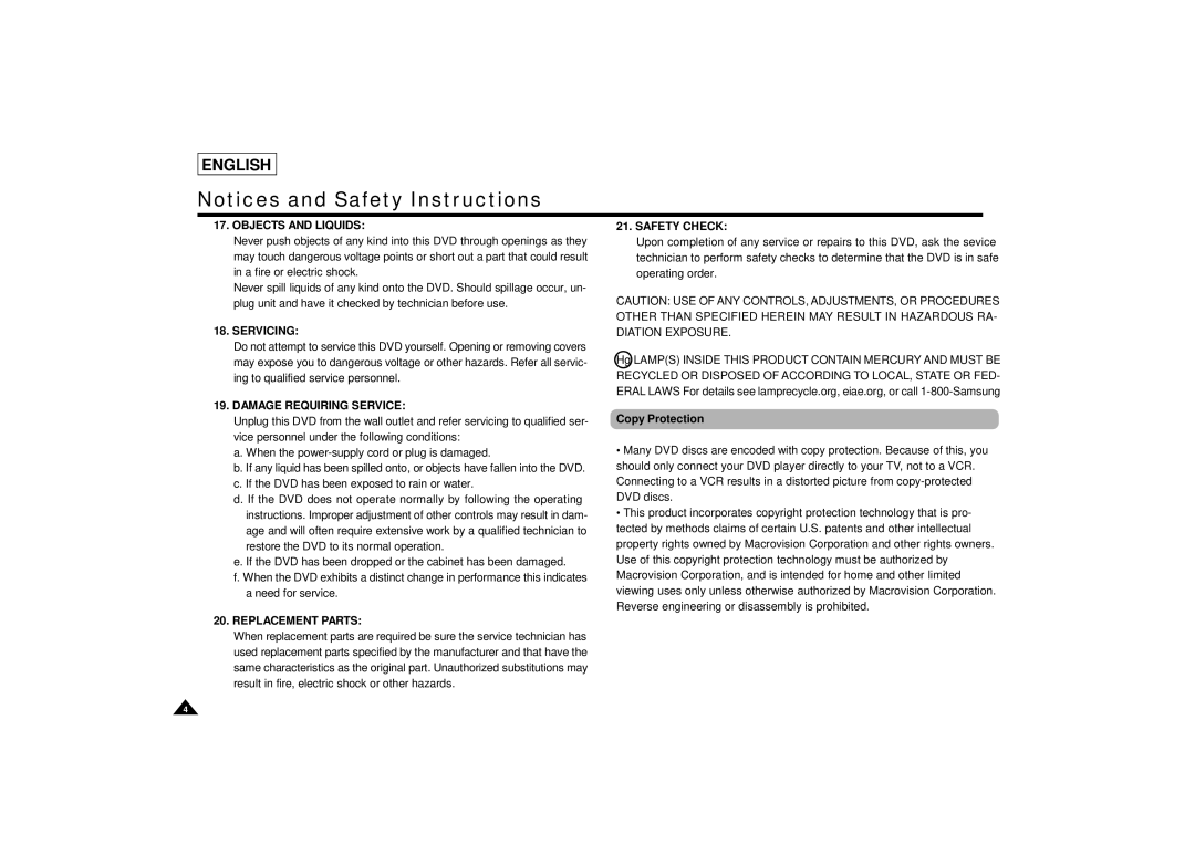 Samsung DVD-L75/L70 manual Objects and Liquids, Copy Protection 