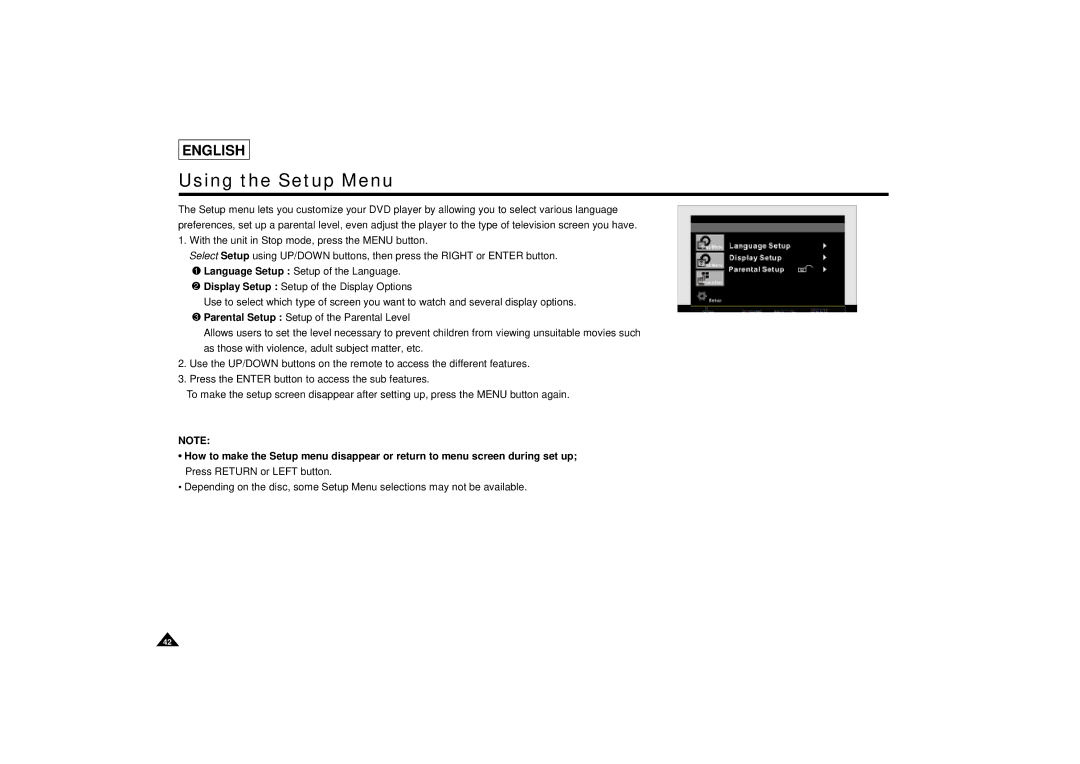 Samsung DVD-L75/L70 manual Using the Setup Menu 