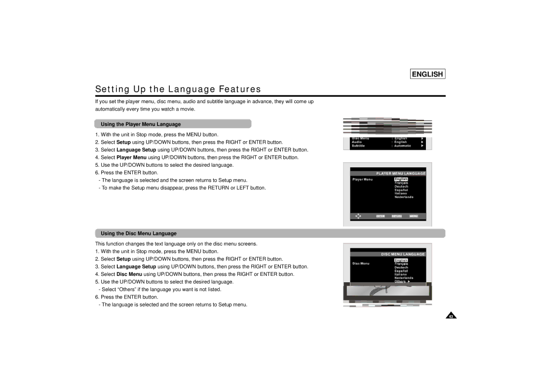 Samsung DVD-L75/L70 manual Setting Up the Language Features, Using the Player Menu Language, Using the Disc Menu Language 