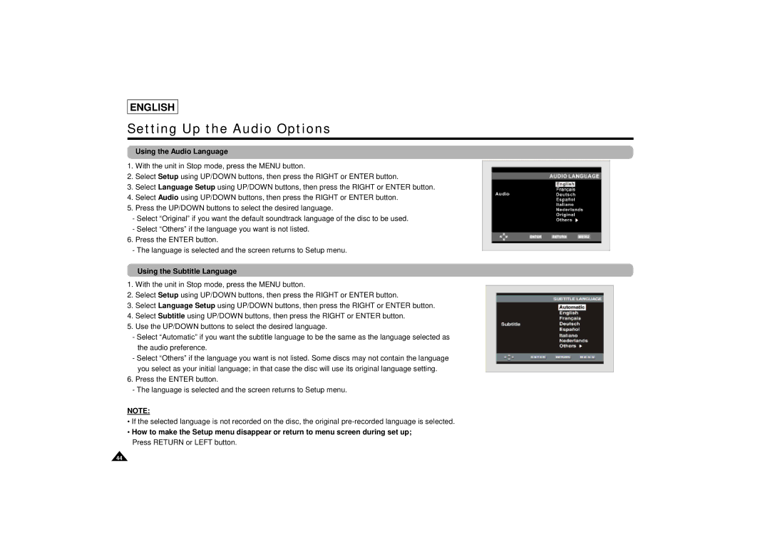 Samsung DVD-L75/L70 manual Setting Up the Audio Options, Using the Audio Language, Using the Subtitle Language 