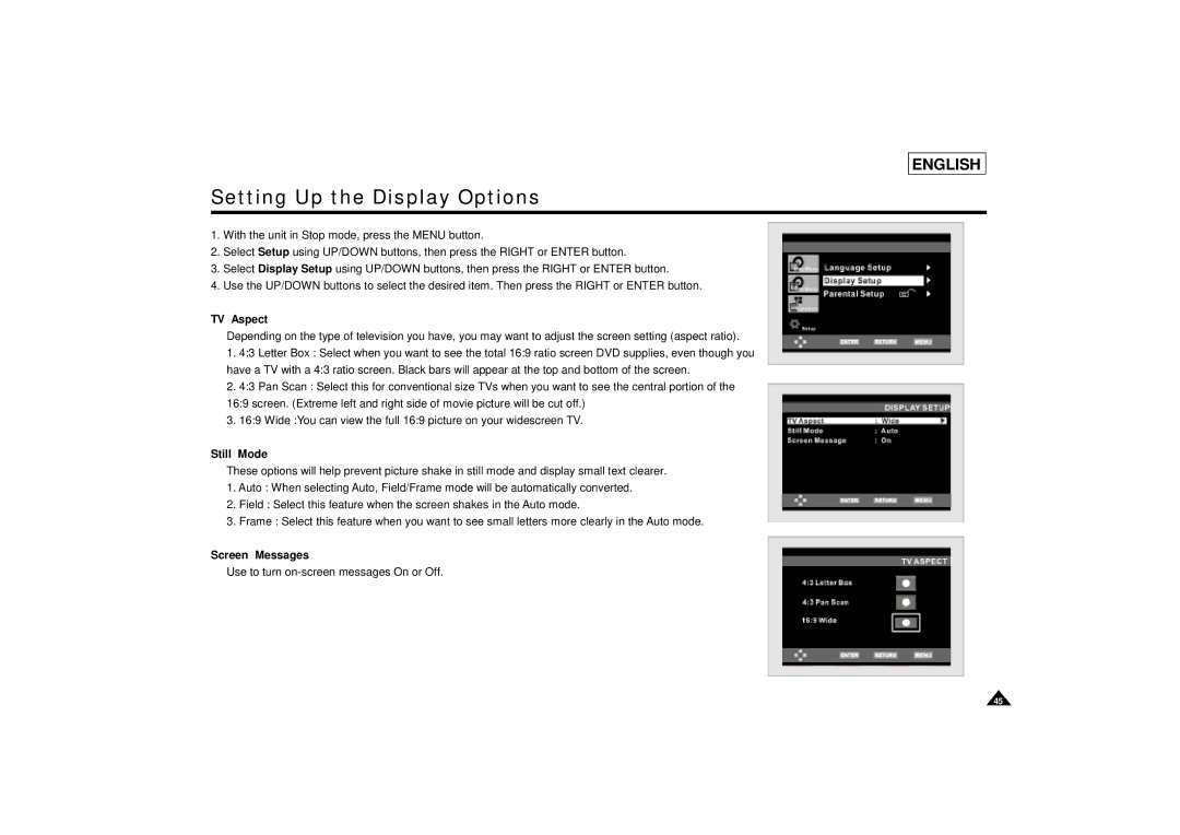 Samsung DVD-L75/L70 manual Setting Up the Display Options, TV Aspect, Still Mode, Screen Messages 