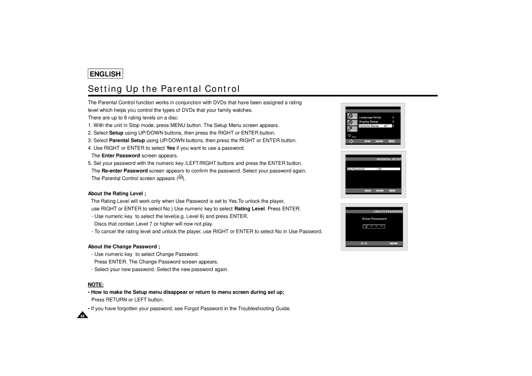 Samsung DVD-L75/L70 manual Setting Up the Parental Control, About the Rating Level, About the Change Password 