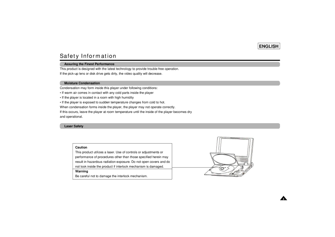 Samsung DVD-L75/L70 manual Safety Information, Assuring the Finest Performance, Moisture Condensation, Laser Safety 