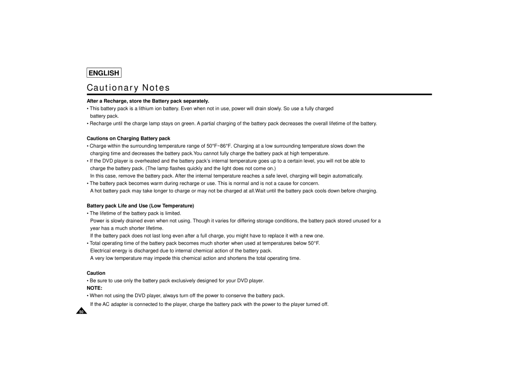 Samsung DVD-L75/L70 manual After a Recharge, store the Battery pack separately, Battery pack Life and Use Low Temperature 