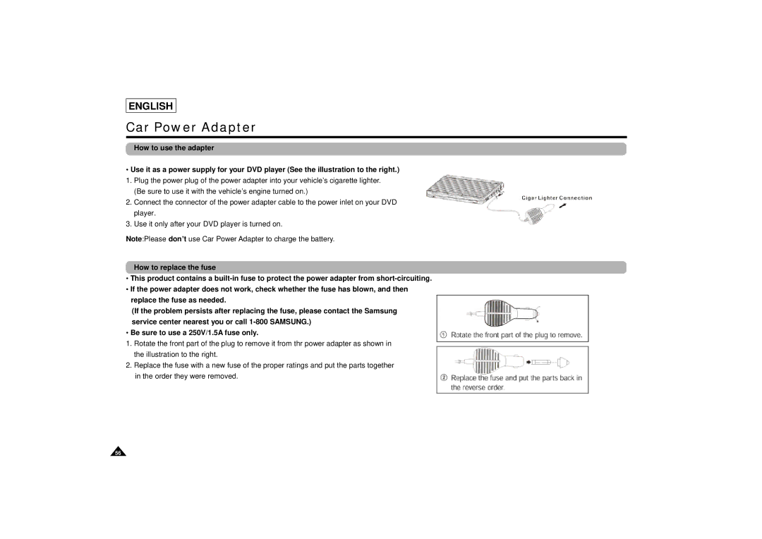 Samsung DVD-L75/L70 manual Car Power Adapter, How to use the adapter 