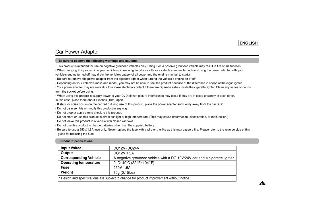 Samsung DVD-L75/L70 manual Be sure to observe the following warnings and cautions, Product Specifications 