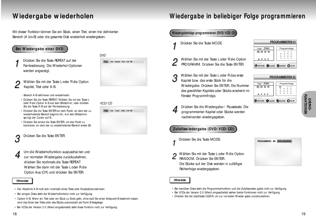 Samsung DVD-M105B/XEG manual Wiedergabe wiederholen, Bei Wiedergabe einer DVD 