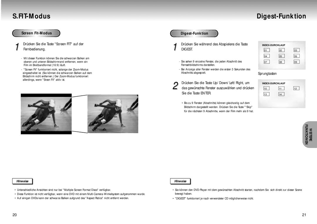 Samsung DVD-M105B/XEG FIT-Modus Digest-Funktion, Fernbedienung, Sprungtasten, Drücken Sie die Taste Screen FIT auf der 