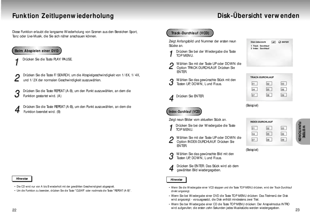 Samsung DVD-M105B/XEG Funktion Zeitlupenwiederholung Disk-Übersicht verwenden, Beim Abspielen einer DVD, TOP Menu, Enter 