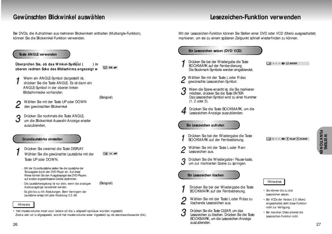 Samsung DVD-M105B/XEG manual Taste Angle verwenden, Grundlautstärke einstellen, Drücken Sie zweimal die Taste Display 