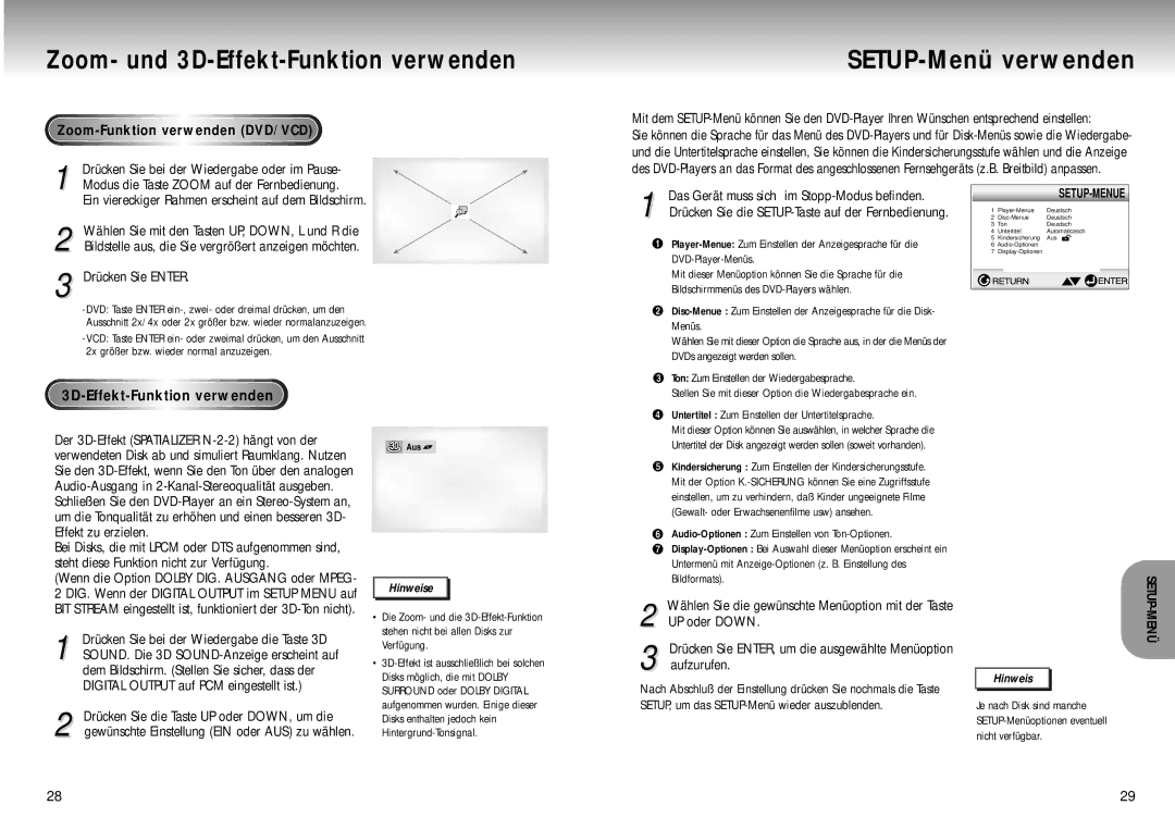 Samsung DVD-M105B/XEG manual SETUP-Menü verwenden, Zoom-Funktionverwenden DVD/VCD 