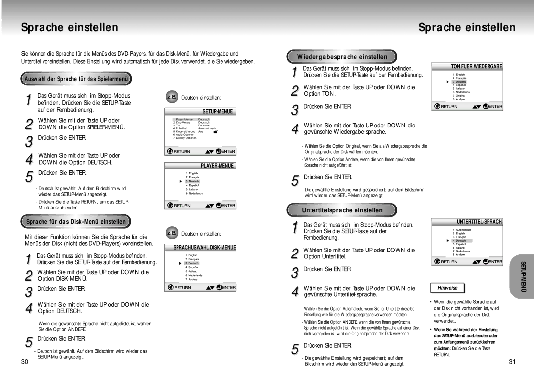 Samsung DVD-M105B/XEG manual Sprache einstellen, Wiedergabesprache einstellen, Untertitelsprache einstellen 