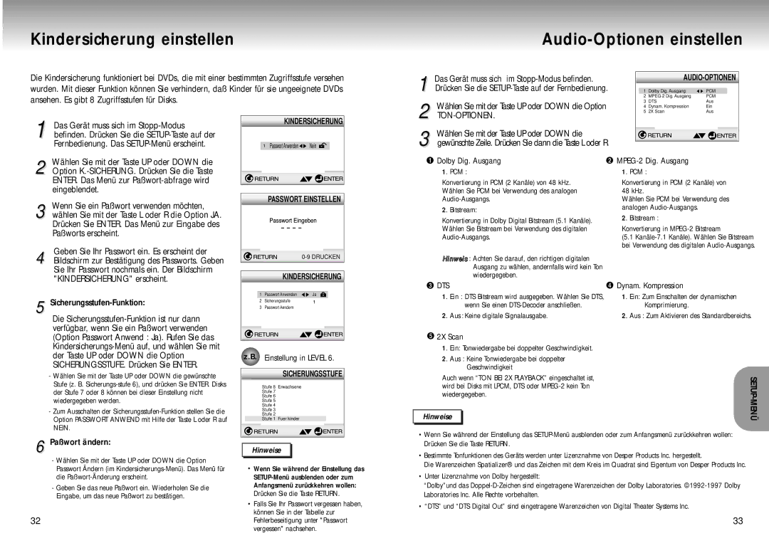 Samsung DVD-M105B/XEG manual Kindersicherung einstellen Audio-Optionen einstellen, Ton-Optionen 