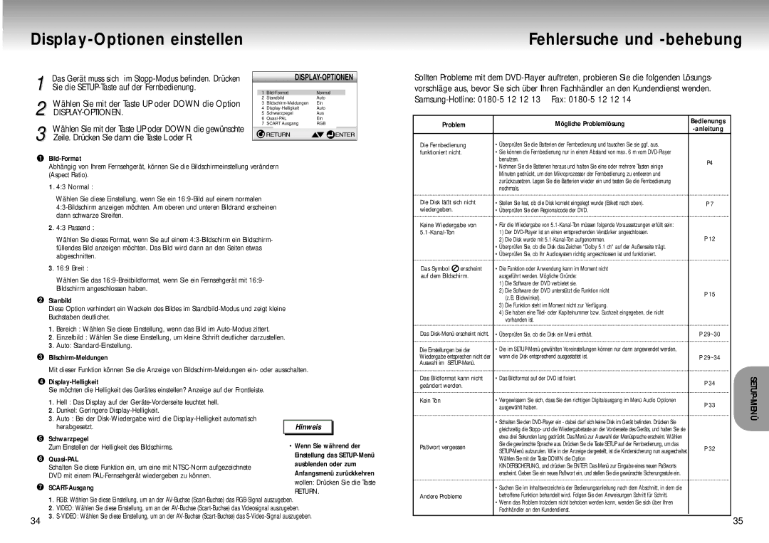 Samsung DVD-M105B/XEG manual Display-Optionen einstellen, Fehlersuche und -behebung, Problem Mögliche Problemlösung 