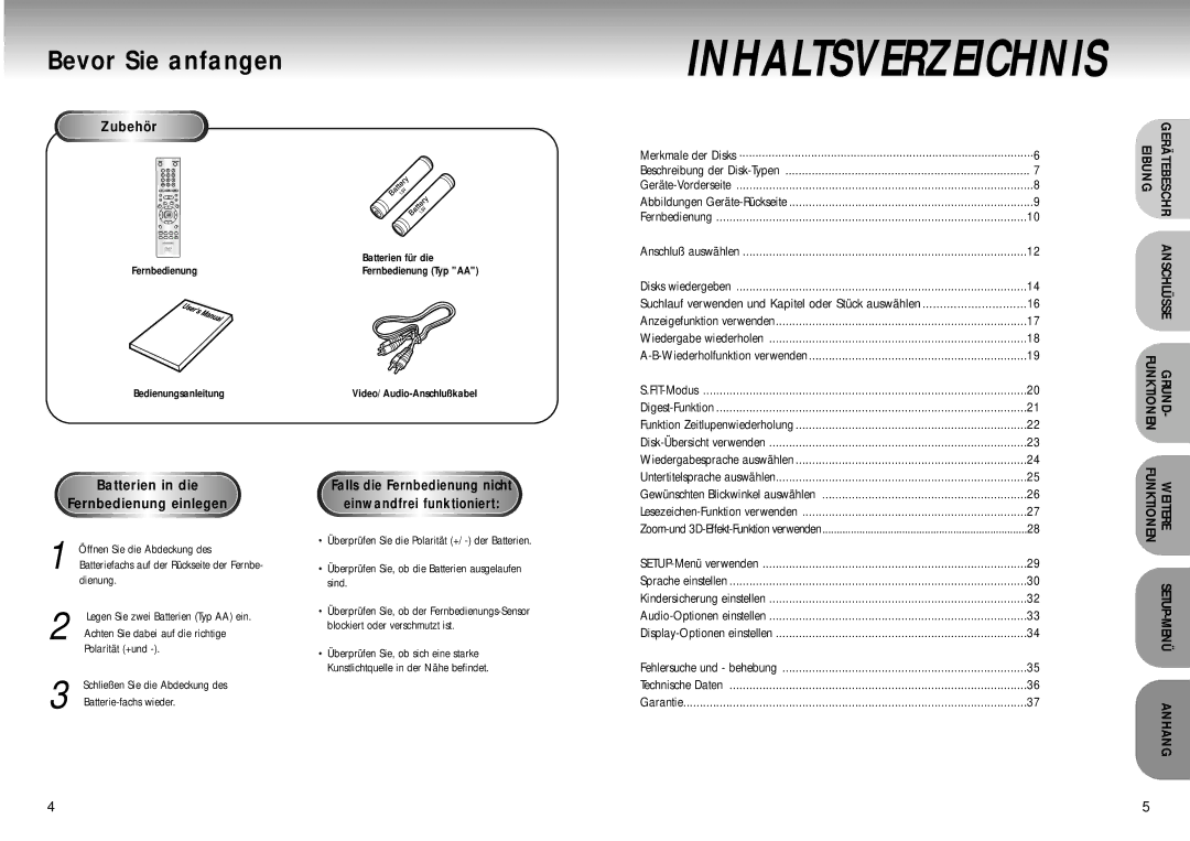 Samsung DVD-M105B/XEG Bevor Sie anfangen, Zubehör, Die, Einlegen, Falls die Fernbedienung nicht Einwandfrei funktioniert 