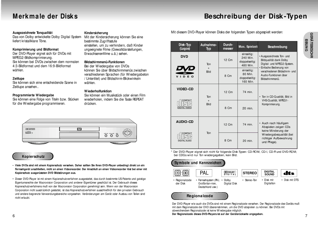 Samsung DVD-M105B/XEG manual Merkmale der Disks, Video-Cd, Kopierschutz, Symbole und Kennzeichen 