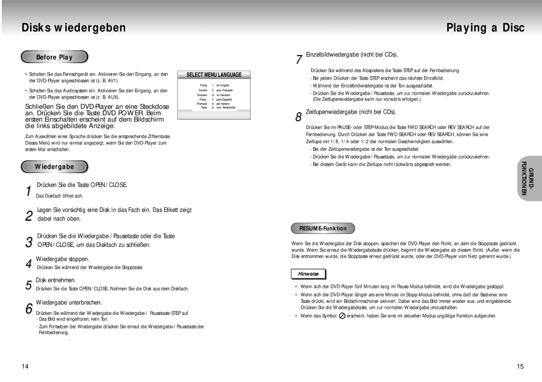 Samsung DVD-M105B/XEG manual Disks wiedergeben, Playing a Disc 