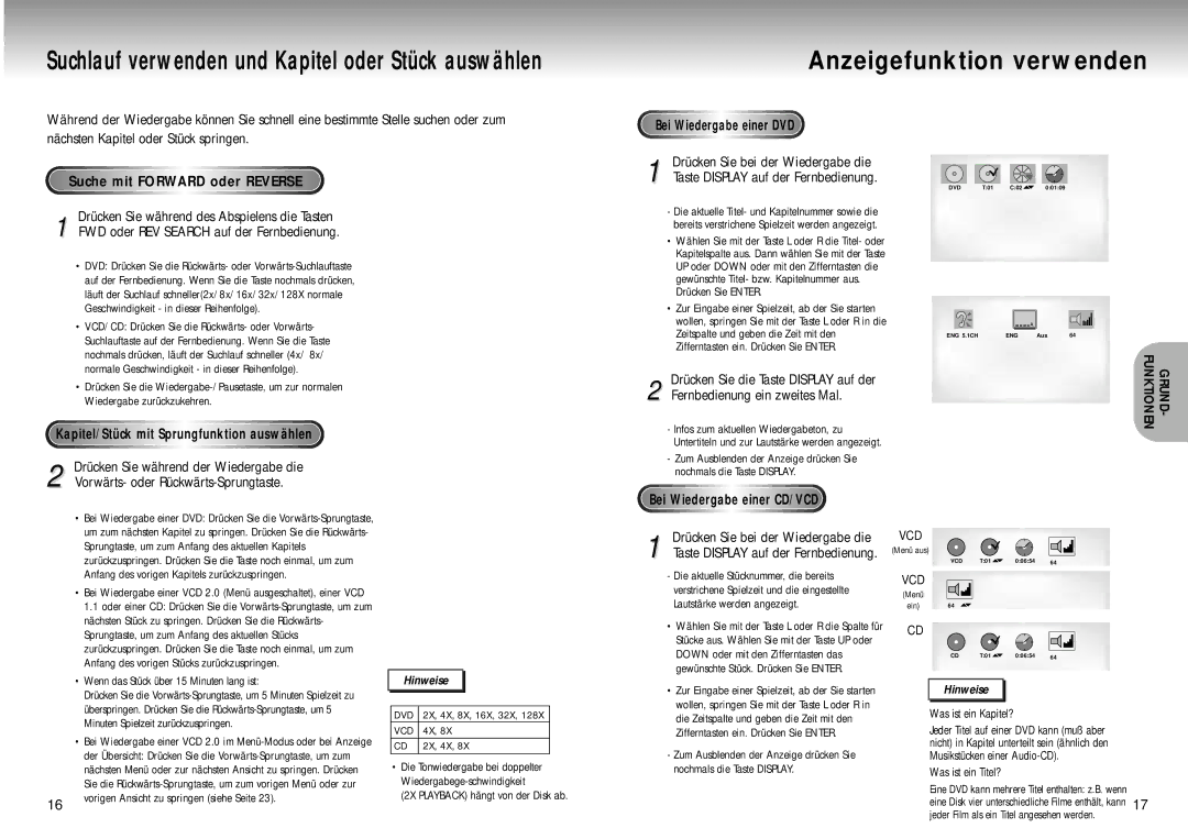 Samsung DVD-M105B/XEG Anzeigefunktion verwenden, Suche mit Forward oder Reverse, Drücken Sie die Taste Display auf der 