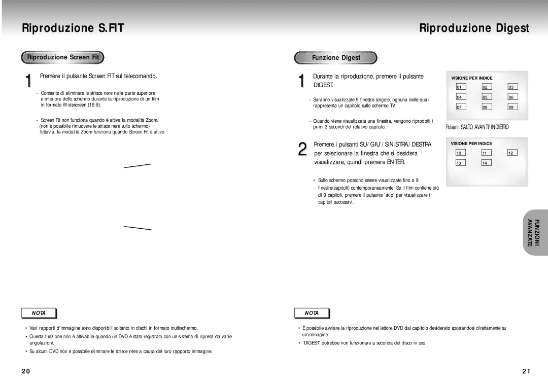 Samsung DVD-M105B/XET manual Riproduzione S.FIT, Riproduzione Digest, Riproduzione Screen Fit 