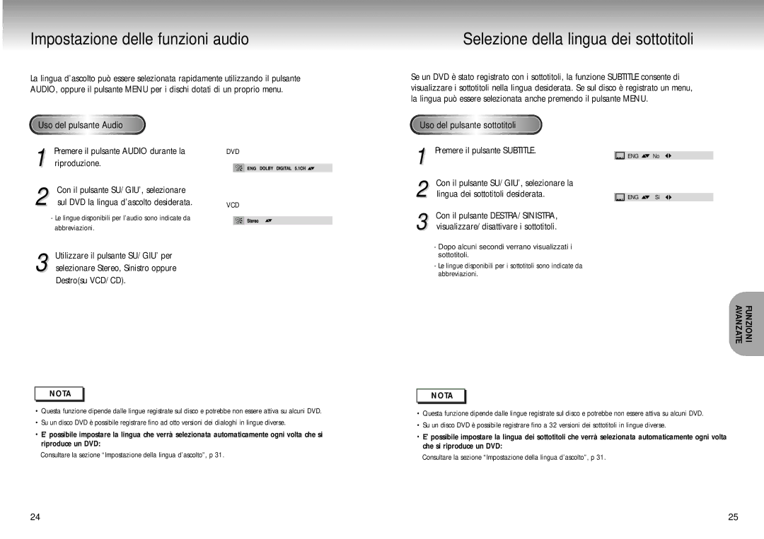 Samsung DVD-M105B/XET manual Uso del pulsante Audio Uso del pulsante sottotitoli, Funzioni Avanzate 