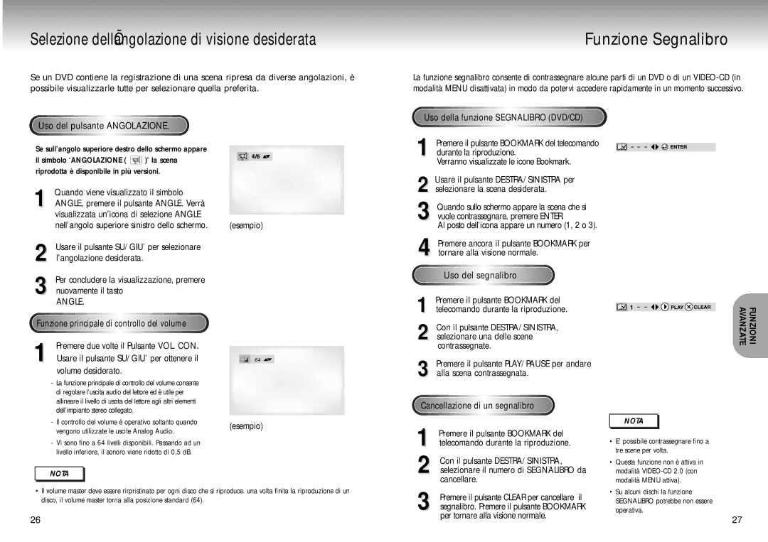 Samsung DVD-M105B/XET manual Funzione Segnalibro, Uso del pulsante Angolazione, Angle, Uso del segnalibro 