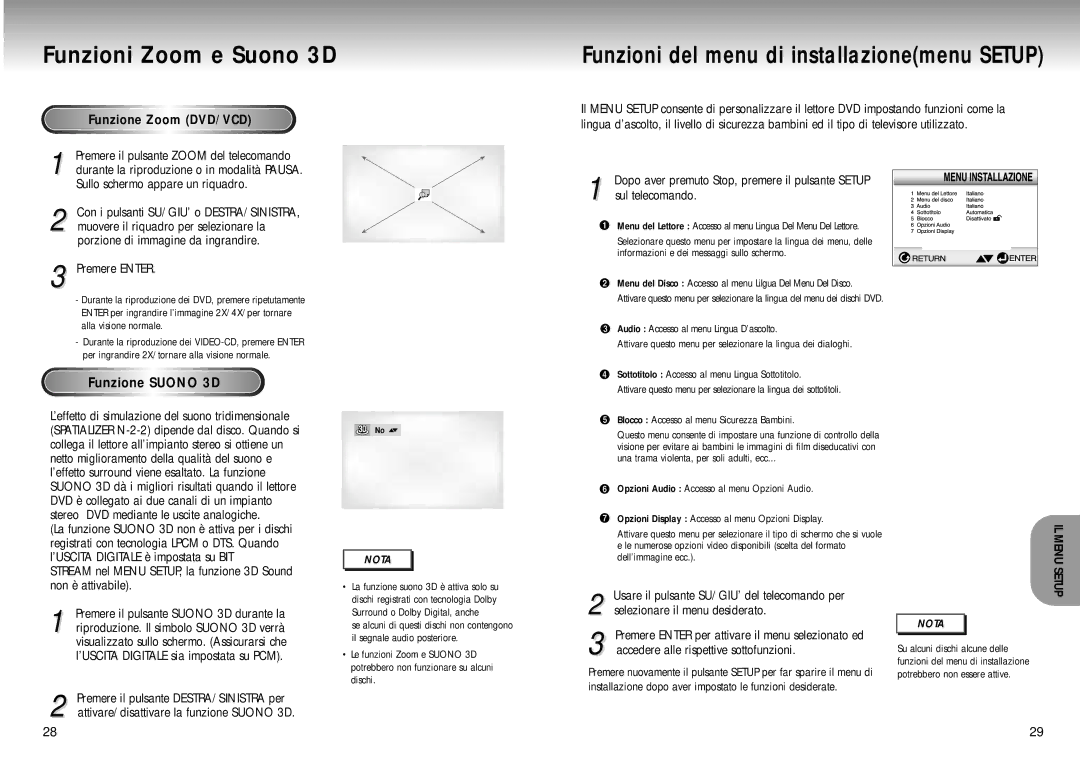 Samsung DVD-M105B/XET manual Funzioni Zoom e Suono 3D, Funzione Zoom DVD/VCD, IL Menu Setup 