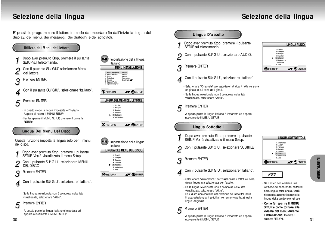 Samsung DVD-M105B/XET manual Selezione della lingua, LIingua D’ascolto, Lingua Del Menu Del Disco, Lingua Sottotitoli 