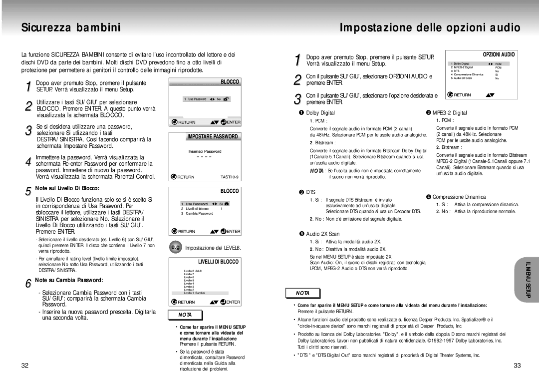 Samsung DVD-M105B/XET manual Sicurezza bambini, Impostazione delle opzioni audio 