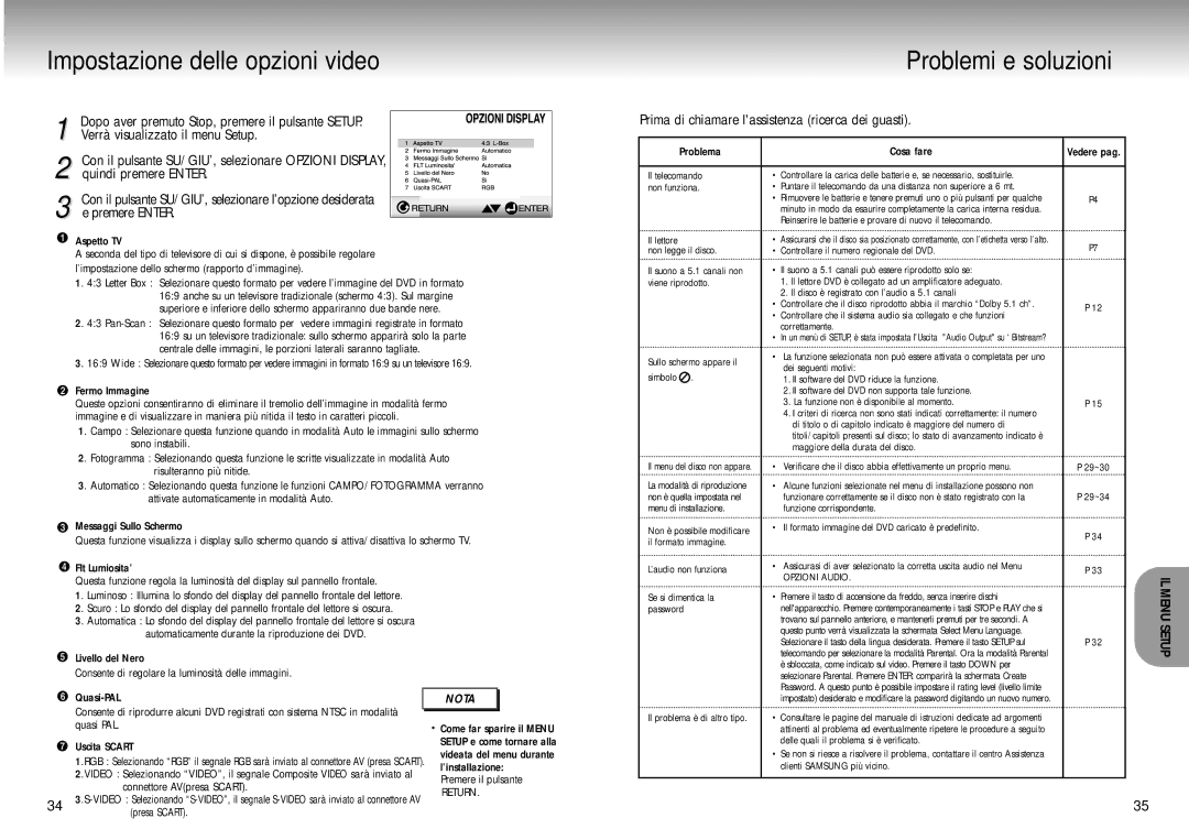 Samsung DVD-M105B/XET manual Impostazione delle opzioni video, Problemi e soluzioni 