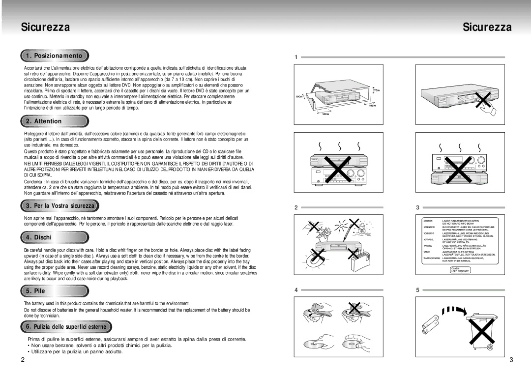 Samsung DVD-M105B/XET manual Sicurezza, Posizionamento, Dischi, Pile, Per la Vostra sicurezza 