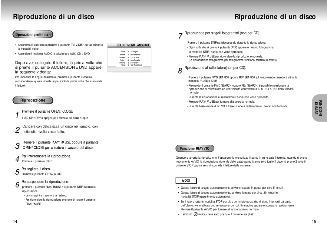 Samsung DVD-M105B/XET manual Riproduzione di un disco 