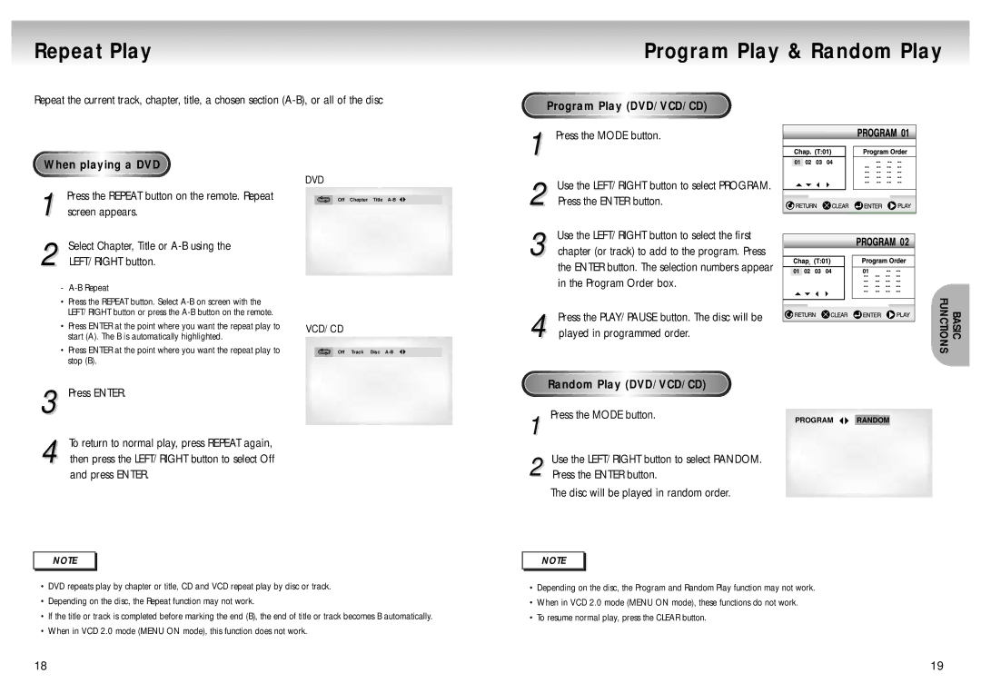 Samsung DVD-M105/XET manual Repeat Play, Program Play & Random Play 